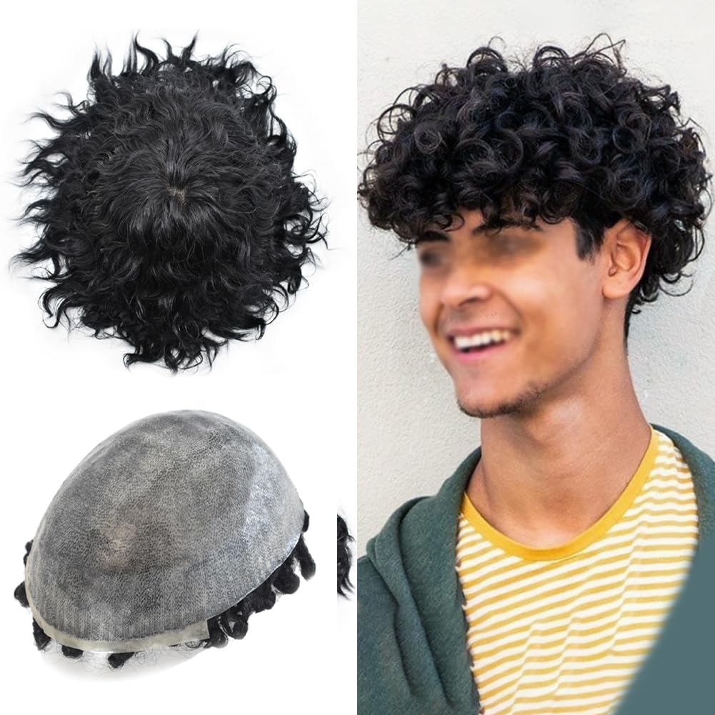 Afro Toupee For Black Men Human Hair Unit For Black Men Hair Piece PU Ingection Afro Mens Toupee 6MM Wave #1B Off Black