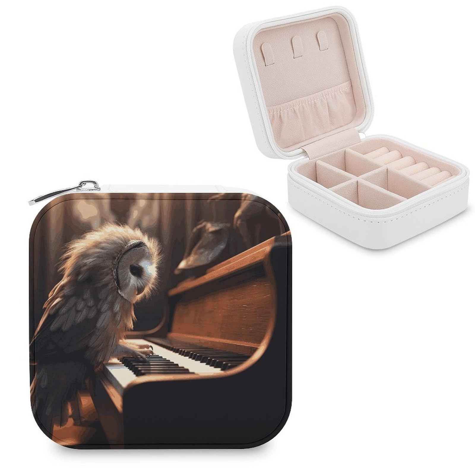 JTREHY Travel Owl Plays Piano Jewelry Case Portable Display Storage Box PU Leather Mini Jewelry Travel Case Personalized Travel Jewelry Organizer Small Jewelry Box for Women