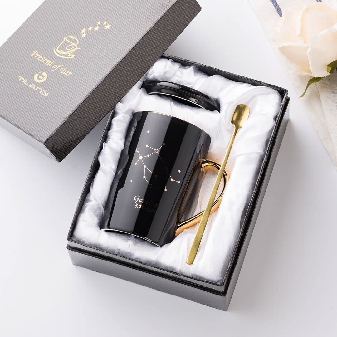 TILANY Coffee Mug - Constellation Drinkware with Lid, Gold Spoon - Creative Zodiac Mugs for Coffee, Tea, Hot Chocolate, Cocoa - Astrology Gifts for Men & Women - 13.5oz Ceramic Cup (Gemini)