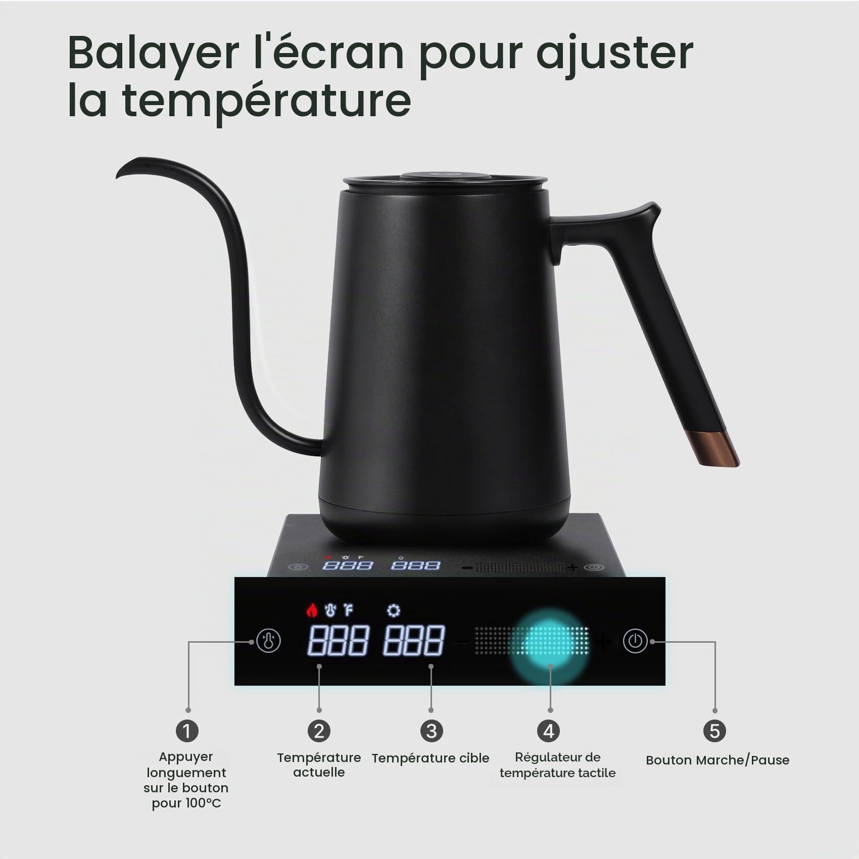 TIMEMORE Bouilloire en acier inoxydable à col de cygne, Fish Smart Coffee Electric Kettle 600ML Avec réglage de la température pour Coffee Tea Brewing, Home Edition Black, 192s Rapide à 88°C