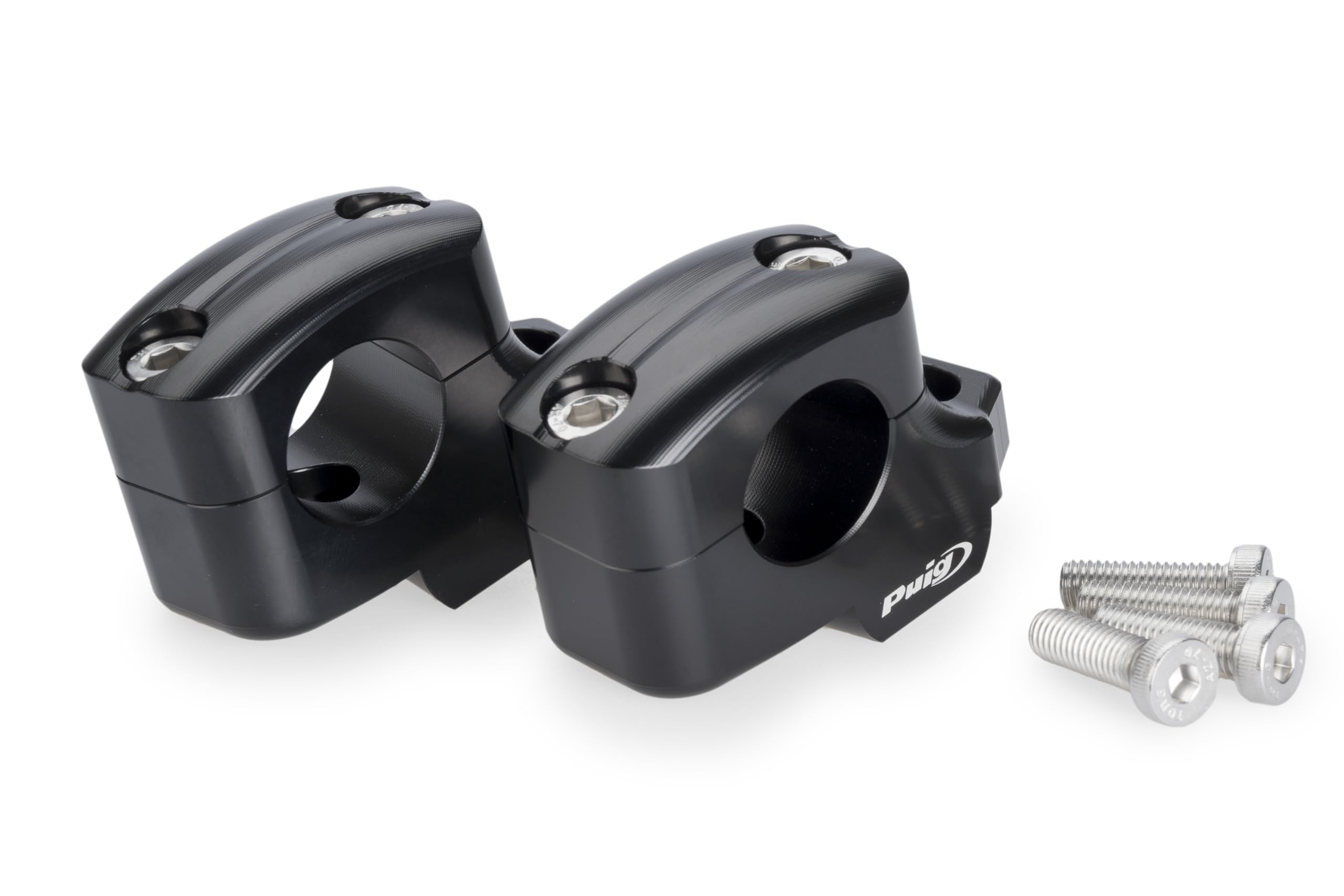 Puig 22101N Pullback Risers to improve handlebar ergonomics with 25 mm rise and 16 mm pullback, made of machined anodized aluminum for enhanced durability, Black