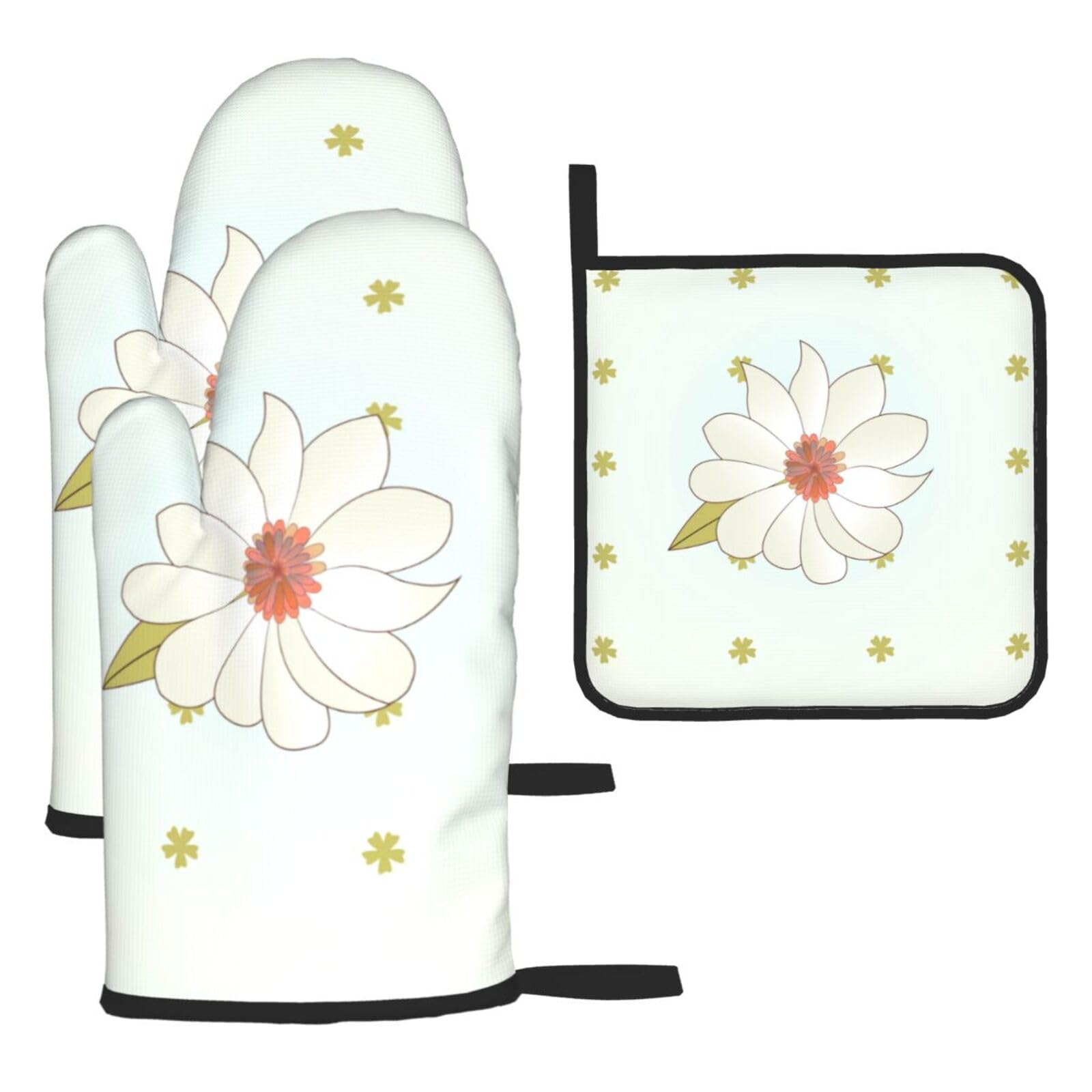 Camellia in bloom Oven mittens and oven mitts three-piece set suitable for oven, grilling, baking, microwave and home cooking.