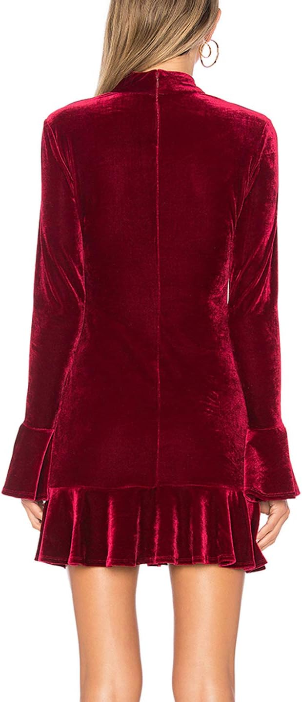 R.Vivimos Women's Winter Long Sleeve Velvet Ruffles Bodycon Mini Dress - Image 3