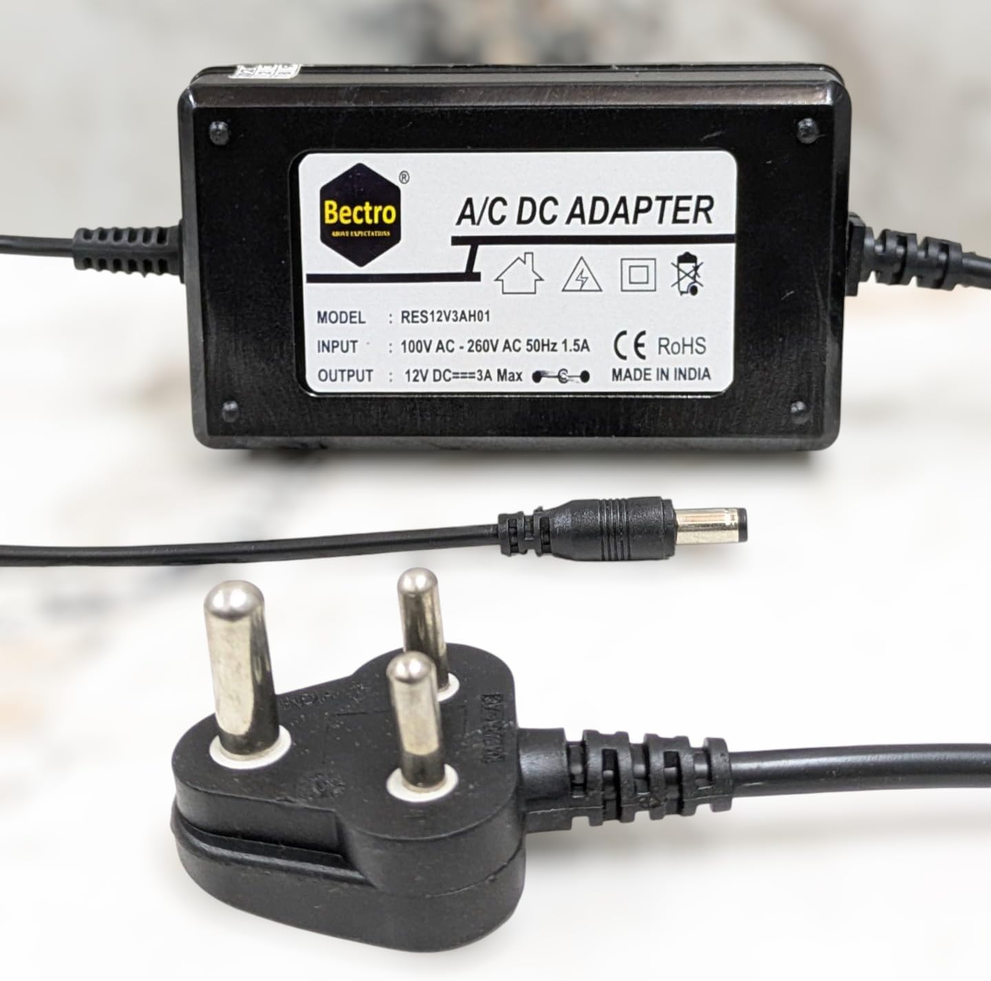 Bectro 12 Volt 3 Amps Table Top Model (Laptop Type) Power Adapter/Supply SMPS With Inbuilt 3 Pin Power AC Cord Heavy Duty (1 Year Warranty T&C Apply), Black