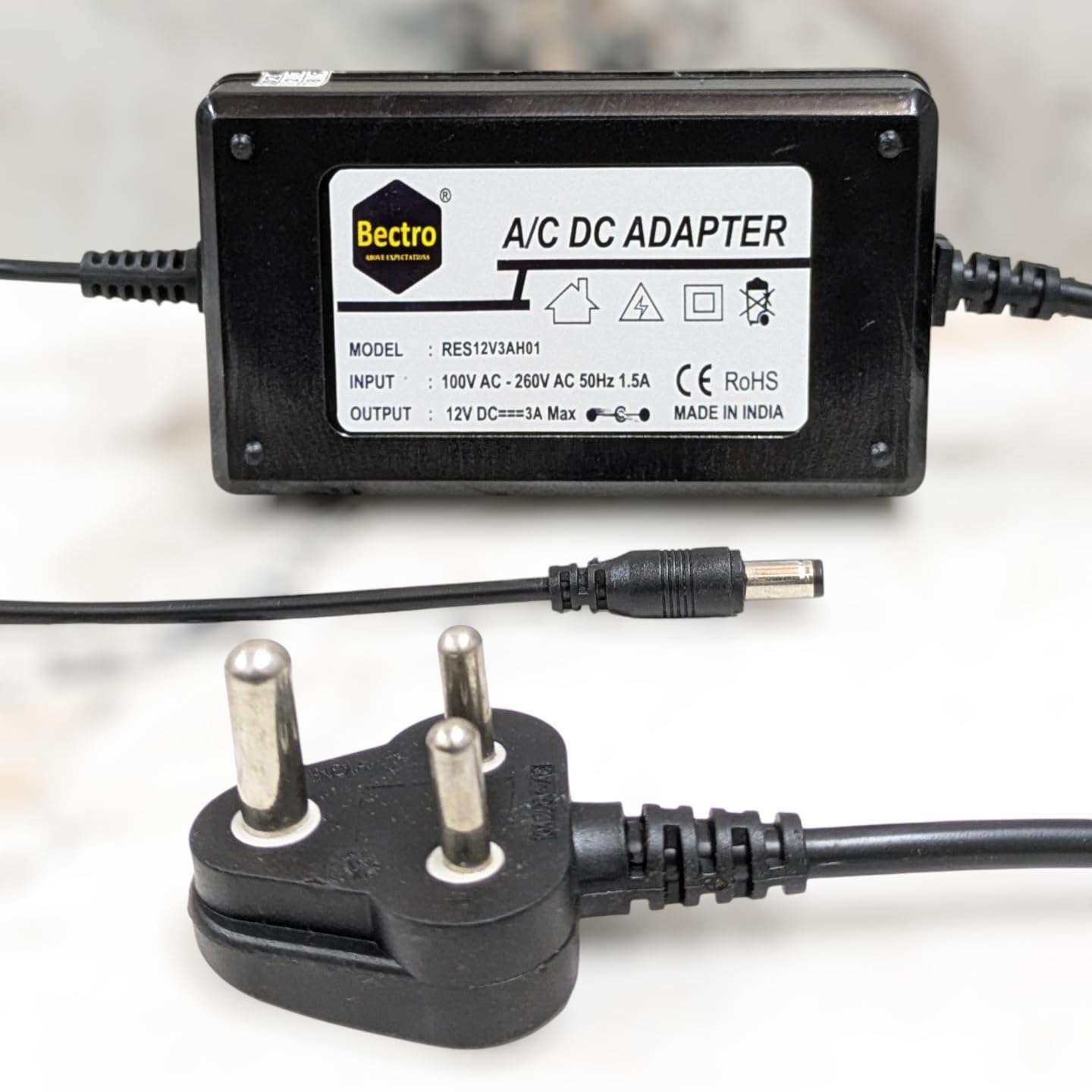 12 Volt 3 Amps Table Top Model (Laptop Type) Power Adapter/Supply SMPS With Inbuilt 3 Pin Power AC Cord Heavy Duty (1 Year Warranty T&C Apply), Black