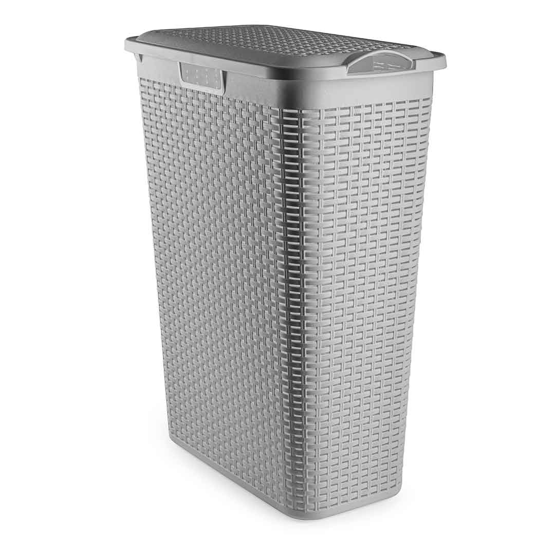 Slim Rattan Laundry Basket with Lid - 48.5 L Plastic Wicker-Style Hamper, Space-Saving & Durable Washing Bin for Bathroom, Bedroom or Utility Room (Grey)