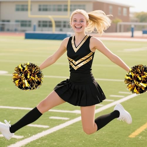 image for Hooshing 2PCS Gold and Black Pom Poms Cheerleading Metallic Cheer Pom 