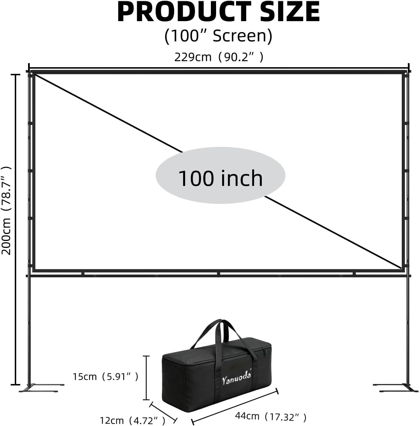 Écran de Projection 100" Grand Écran avec Support - Toile 4K HD 16:9 Anti-Pli, Montage 5 Min, Idéal Home Cinéma, Jardin & Présentations - Sac Transport