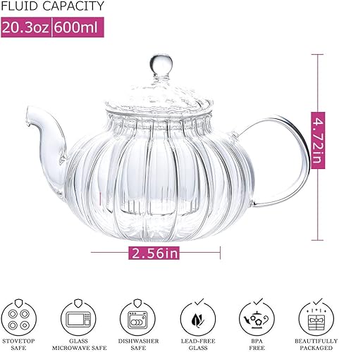 Miniatura 6 de IwaiLoft Tetera de vidrio con infusor, hervidor de té seguro para estufa, máquina de té de hojas florecientes y sueltas IW-G016 (20 onzas, calabaza)