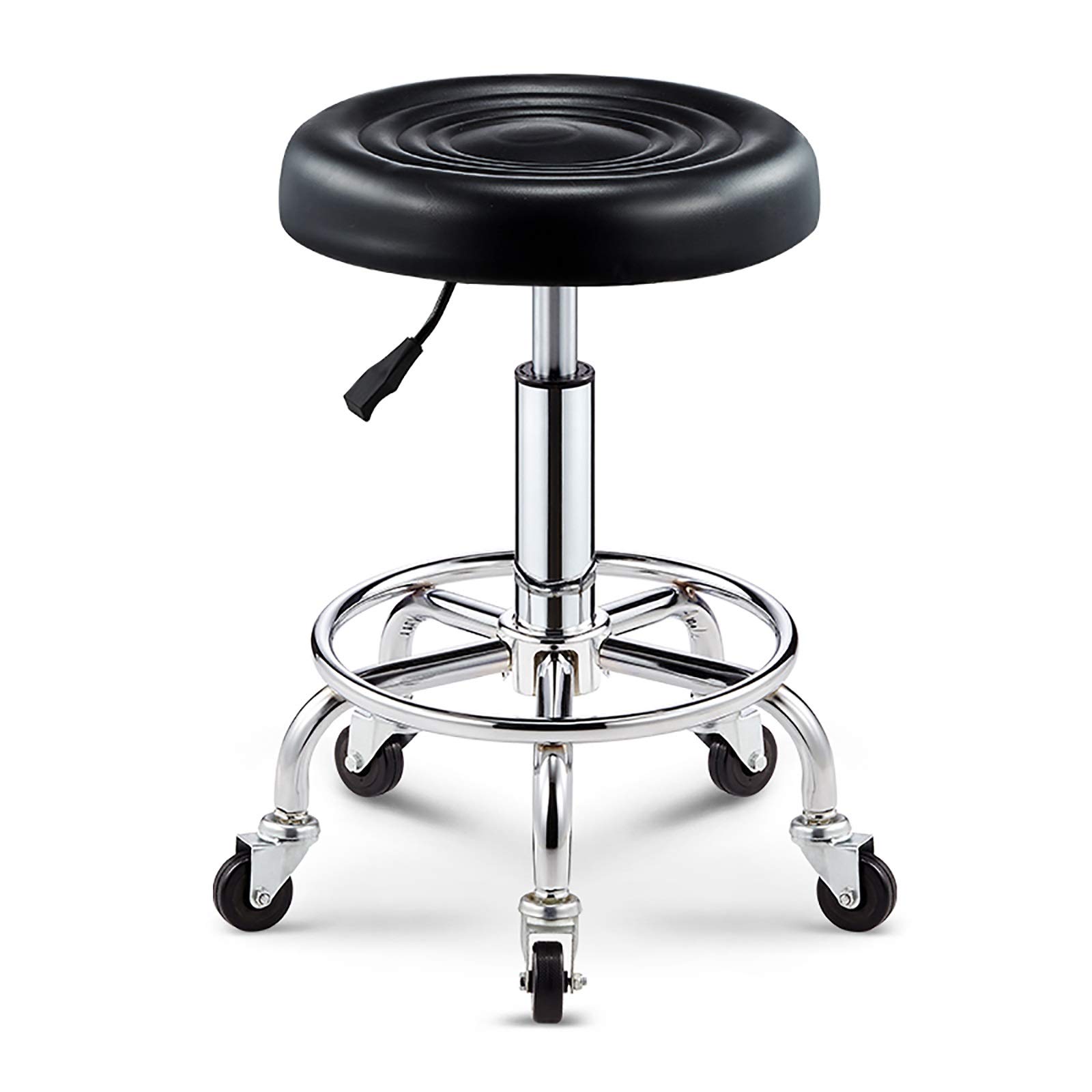 AYCDL PU Leather Round Rolling Stool with Foot Rest Height Adjustable Swivel Drafting Work SPA Task Chair with Wheels,Black，chrome