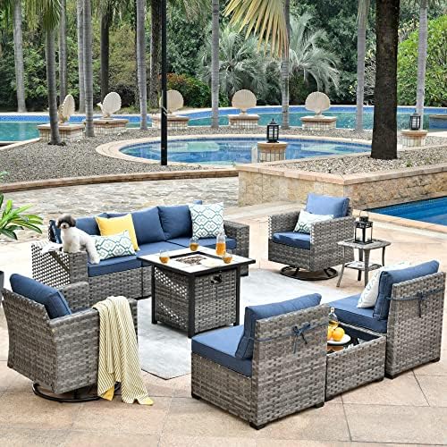 Patio Sectional Sofa Sets Outdoor Furniture Swivel Rocking Chairs with 50000 BTU Square Propane Fire Pit Table 10 PCS PE Wicker Conversation Set and Matching Side Table,Denim Blue