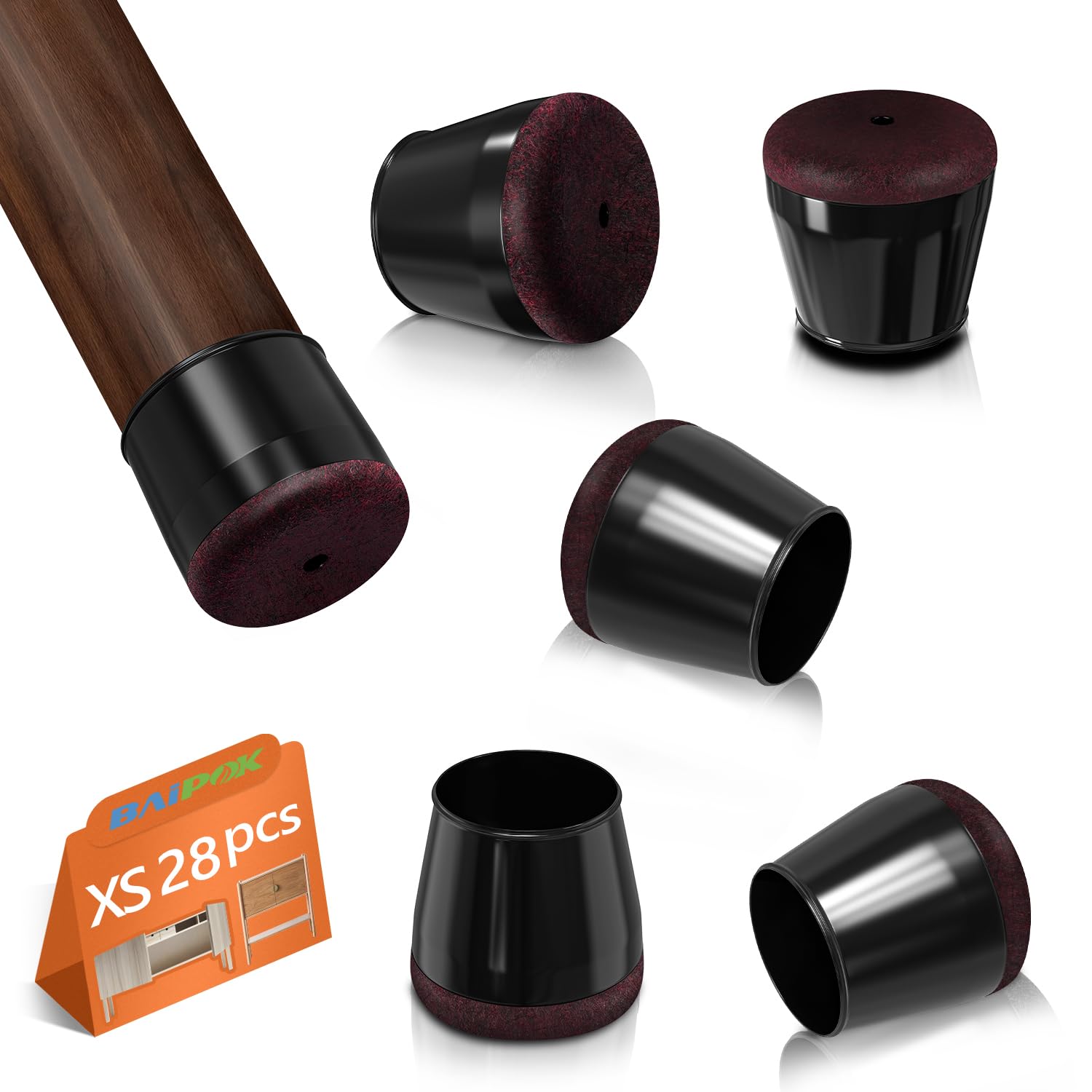Baipok Burgundy-28P Chair Leg Floor Protectors, 28Pcs Extra Small Durable Silicone Chair Leg Covers For Hardwood Floors With Wrapped Felt, Anti-Scratch & Noise Reduction Furniture Feet Protectors Pads, Black,15-22Mm