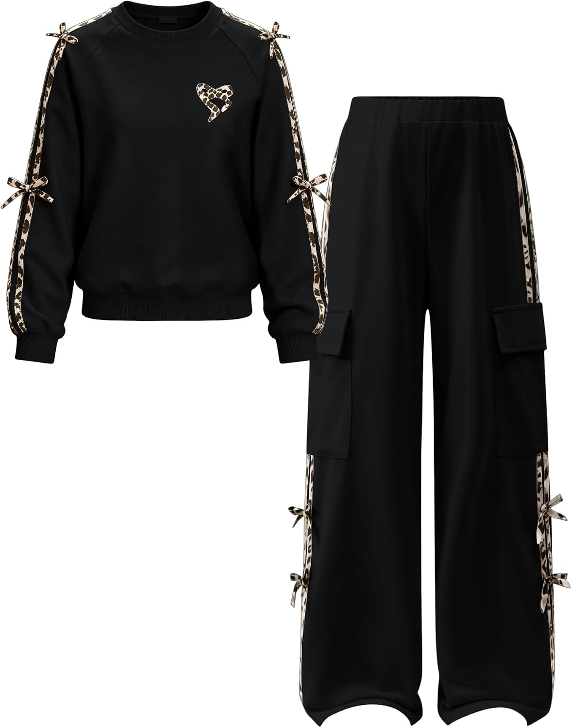 GEMLON Girls Sweatsuit Long Sleeve 2 Piece Outfits | Crew Neck 3D Bows and Leopard Printed Trim Tops, Cargo Pants with Side Pockets, Holiday School Girls' Clothing Sets