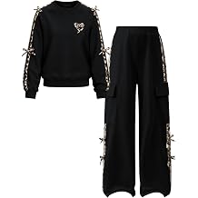 GEMLON Girls Sweatsuit Long Sleeve 2 Piece Outfits | Crew Neck 3D Bows and Leopard Printed Trim Tops, Cargo Pants with Side Pockets, Holiday School Girls' Clothing Sets