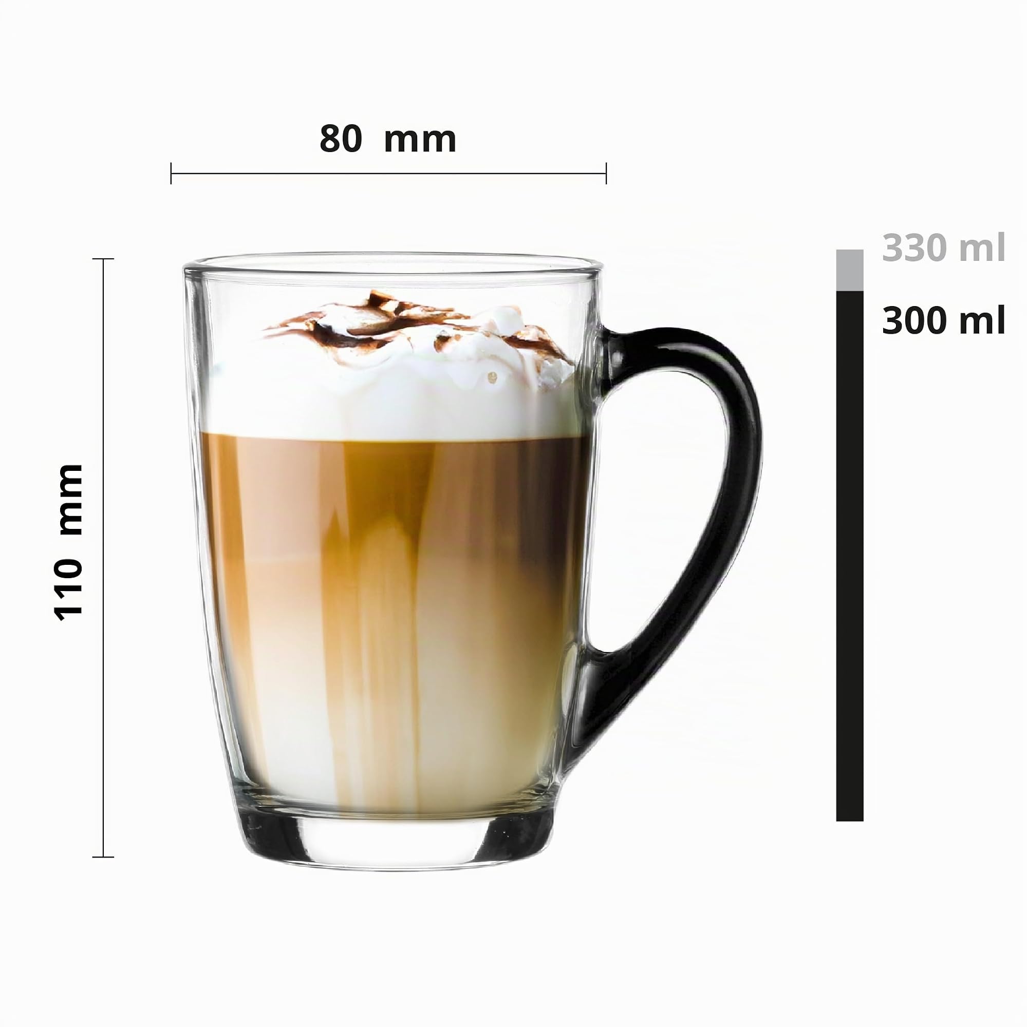 Glasmark KROSNO 1992 Bicchiere da caffè Bicchiere da caffè con manico Tazza in vetro da tè 300 ml Vetro robusto lavabile in lavastoviglie Manico nero lucido