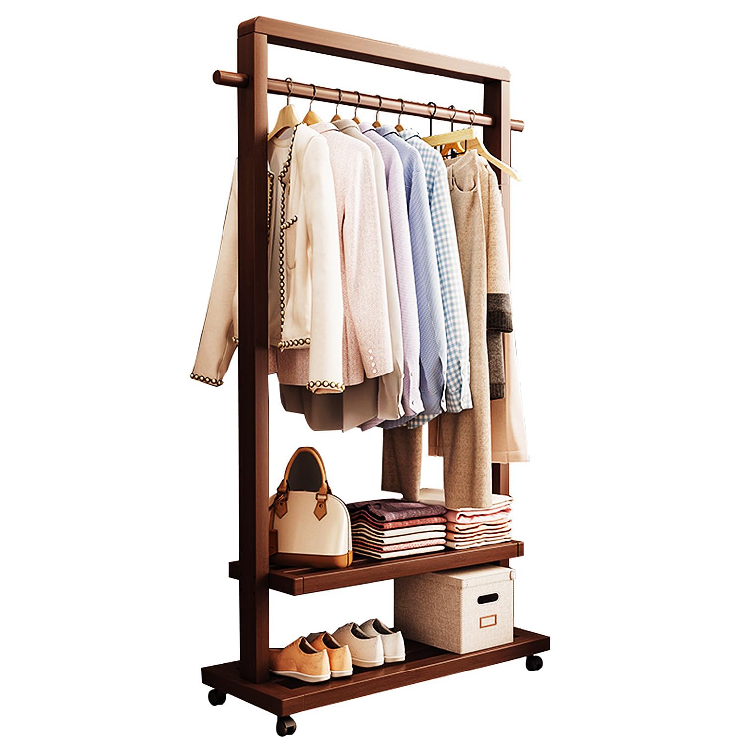 Portant à vêtements à roulettes en bambou durable avec étagère basse