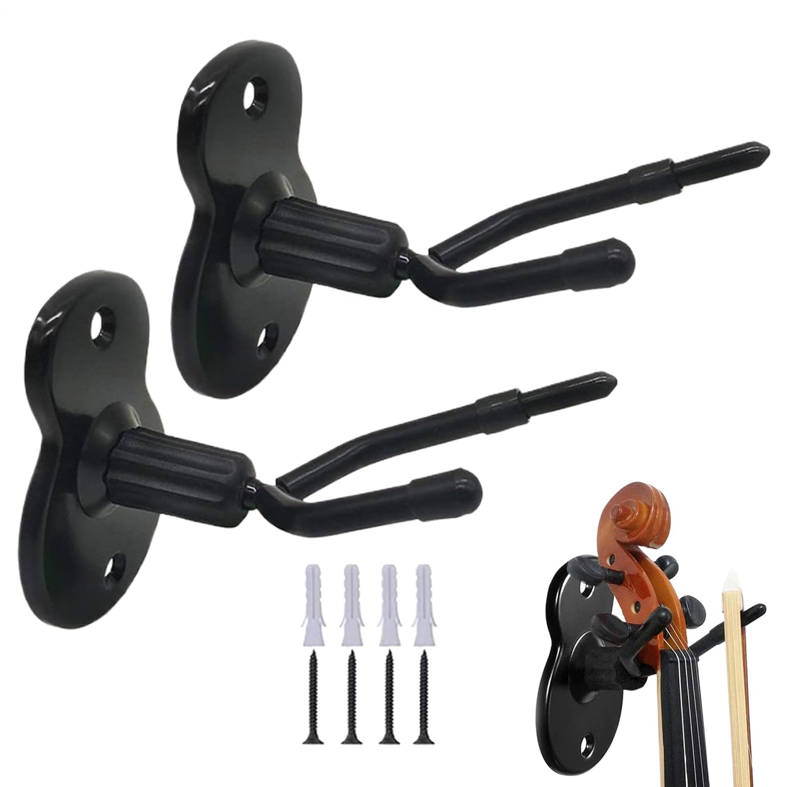 Violin Wall Mount with Bow Holder, Hardwood Violin Hanger with Bow Holder, Hook Vertical Display Wall Stand, Space Saving String Instrument Display Stand for Home and Studio, Space Saving, 2PCS, Black