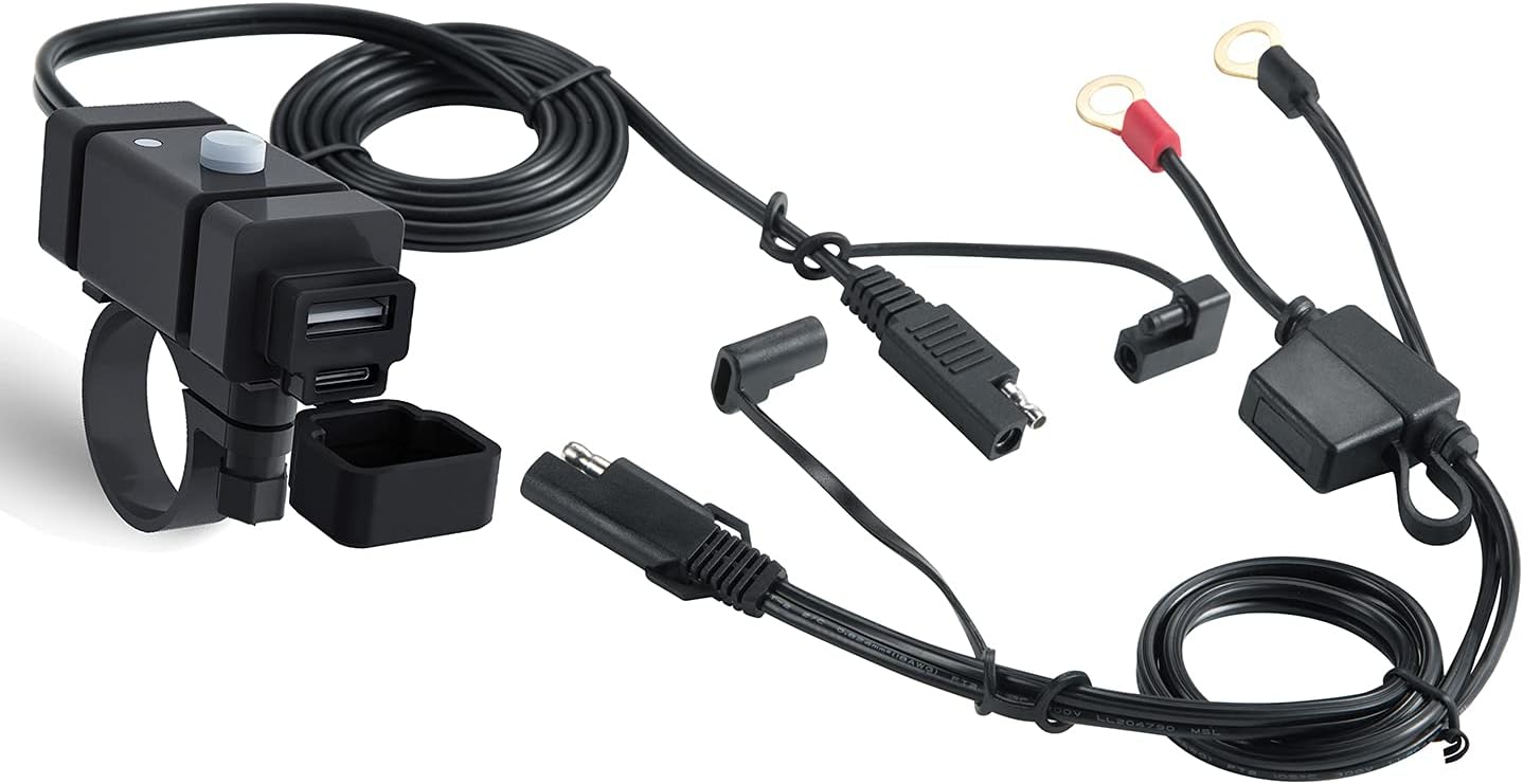 iMESTOUSAE to USB C Motorcycle Phone Charger Kit 6A Quick Charge SAE to O Ring Plug Quick Disconnect Fused Handlebar Dual USB Adapter with Switch Waterproof Universal for Mobiles/Tablets