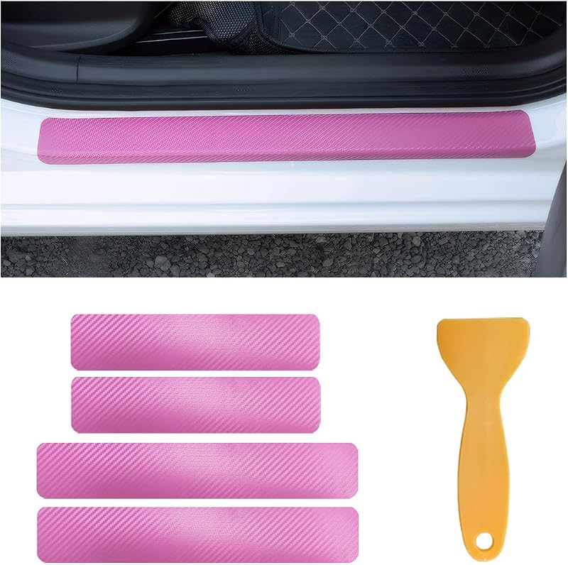 povtii Protetor de Soleira de Porta Automotiva com Textura de Fibra de Carbono 3D Rosa, Kit com 4 peças