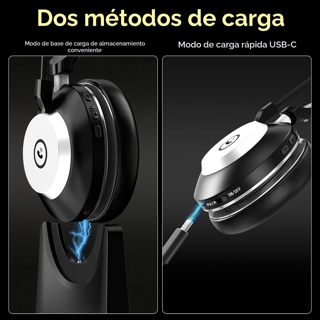 Auriculares Bluetooth inalámbricos con micrófono para PC, auriculares de computadora V5.2 con micrófono con cancelación de ruido, dongle USB, base de carga y botón de silencio para trabajo, teléfonos