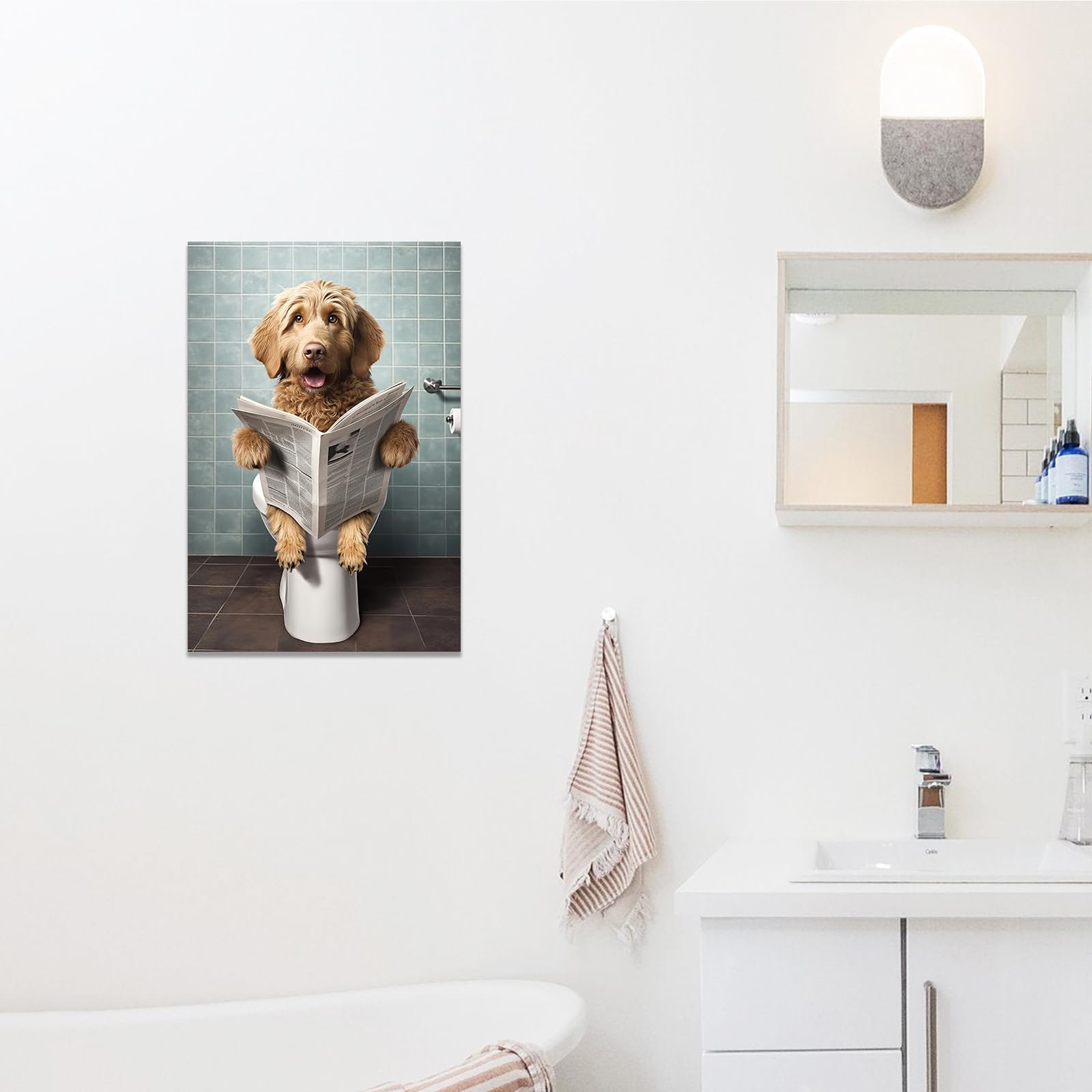Set Di 3 Quadros Con Animali Che Leggono Il Giornale Sulla Toilette Gatto Cane Lama Stampata Per Pareti Toilette Bagno Bagno Wc A4 Cornice nera | Leroy Merlin