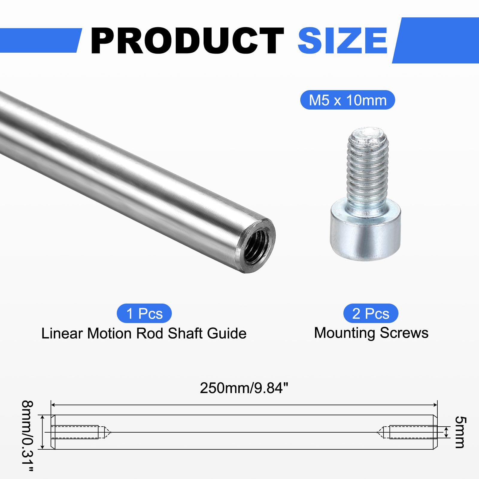 sourcing map Guide d'arbre à mouvement linéaire, 8 mm x 250 mm, extrémité en acier inoxydable 304, tiges linéaires creuses en acier inoxydable avec vis pour imprimante 3D et machine CNC