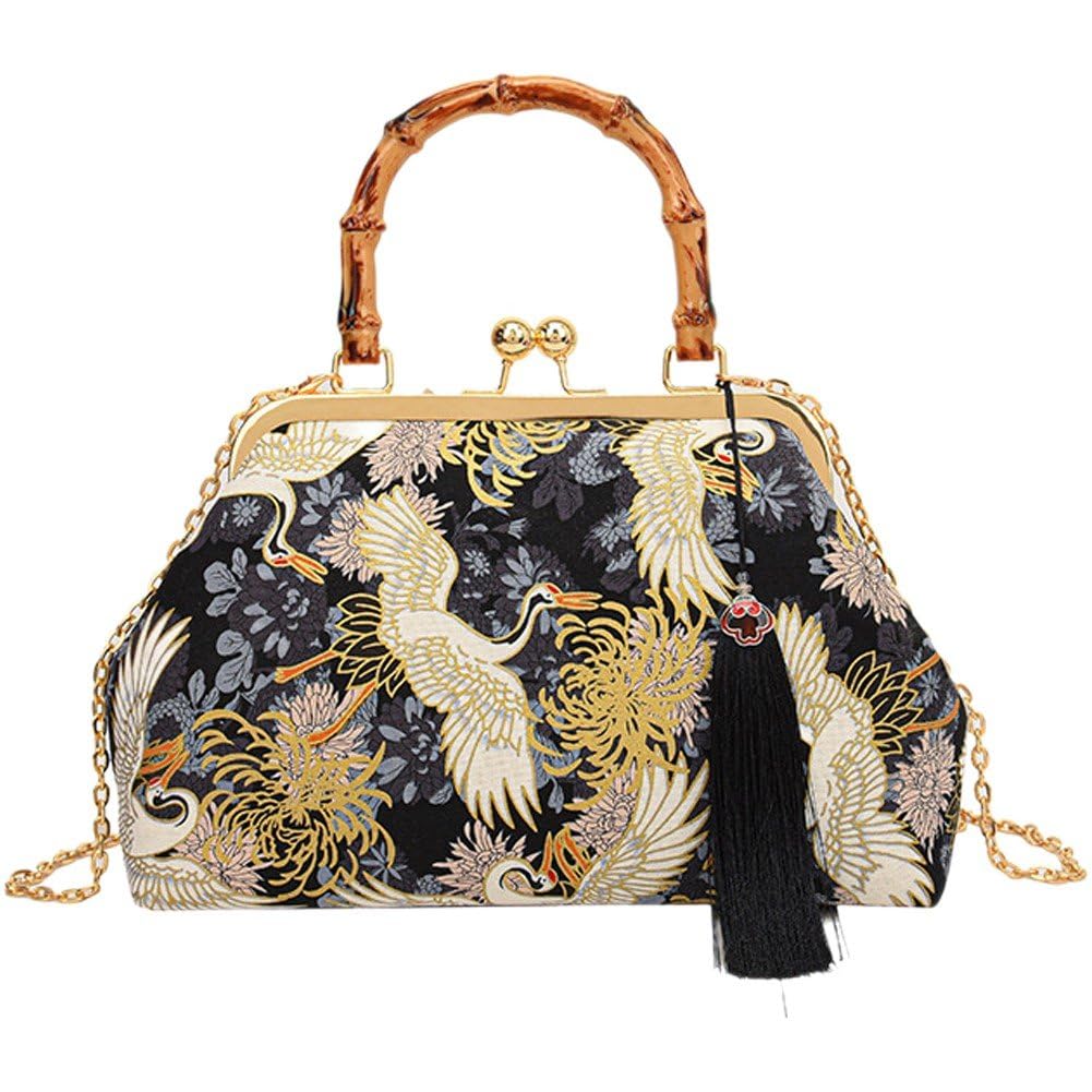 Sac à bandoulière de luxe pour femmes avec broderie chinoise et anse bambou