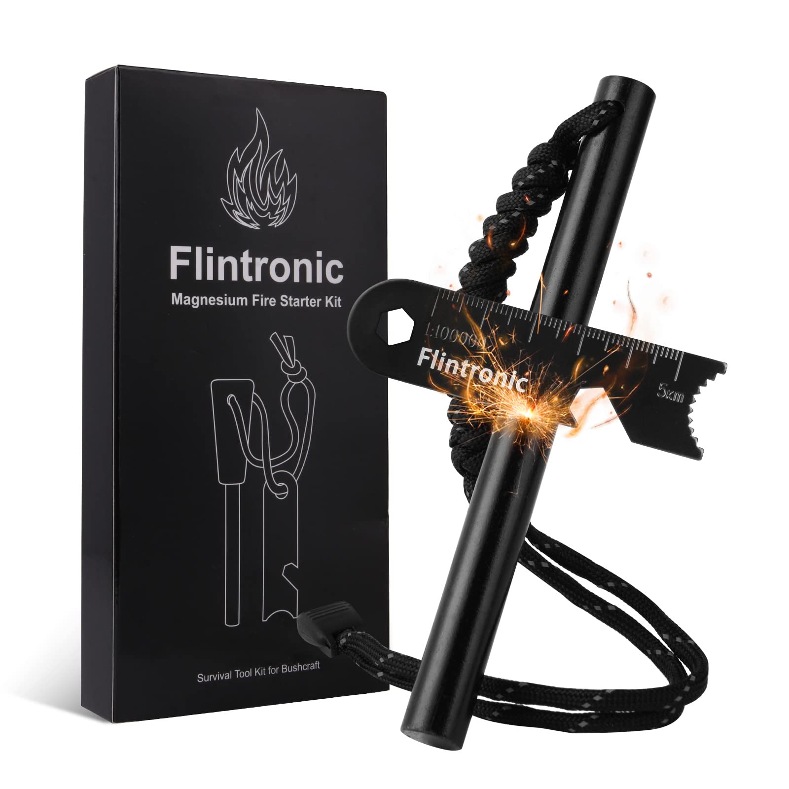 Survival Fire Steel, Flint Striker Steel Fire Starter Kit, Magnesium Ferrocium Rod Firesteel with Scale Scraper & Whistle, Outdoor Emergency Survival Tool for Travelling Camping Hiking