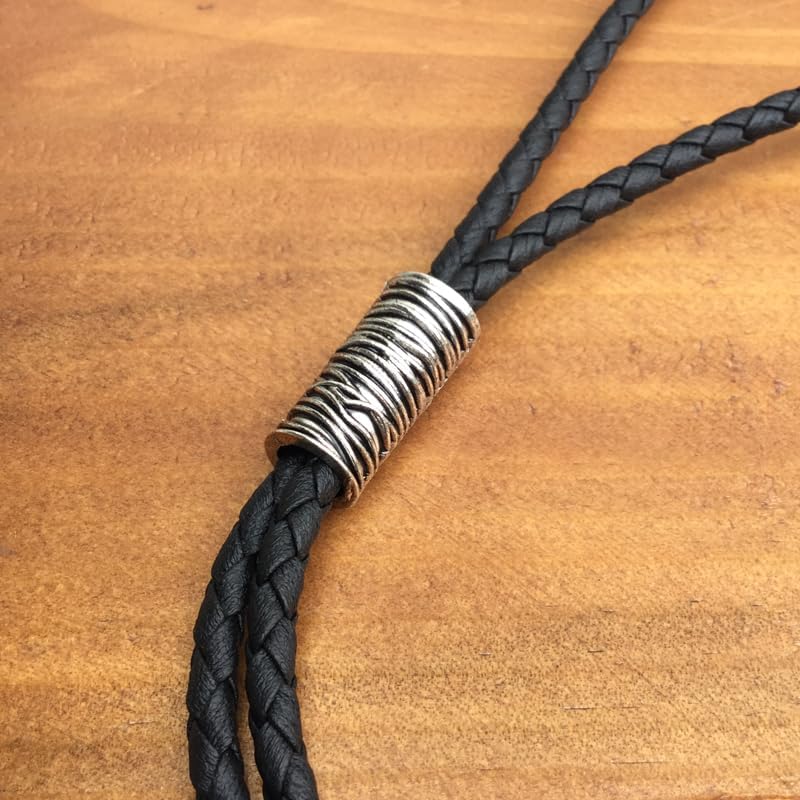 Metal Tube Bolo Tie for Men Women, Textured Silver Tone Slide, Modern Faux Leather Cord Necktie Accessory