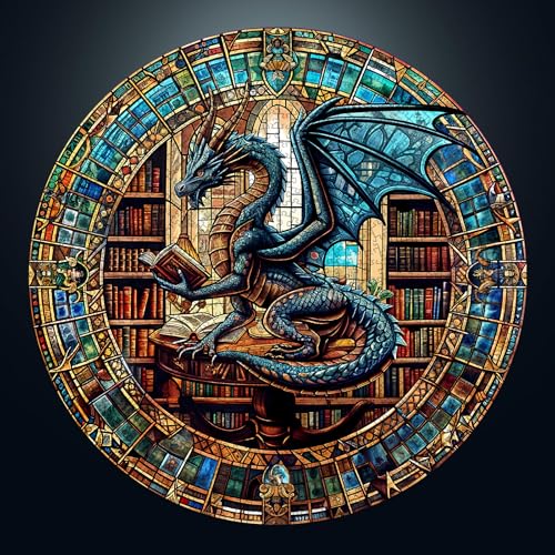 Puzzle da 1000 pezzi, per adulti, puzzle classici, rotondi, biblioteche, drago, 67,5 x 67,5 cm, Jigsaw per adulti, carta di carta blu, irregolare, unici, 1000 puzzle per amici di famiglia