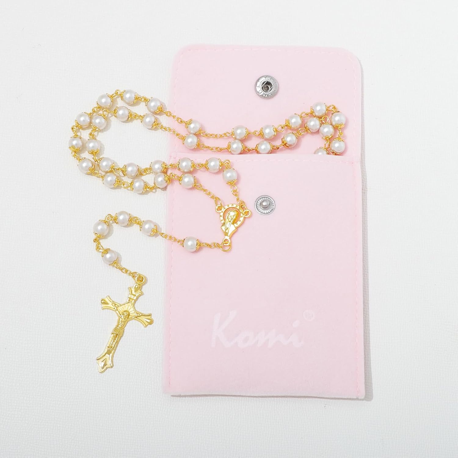 KOMI Catholic Rosary Beads for Women - Glass Pearl Beads Necklace with Saint Benedict Medal & Crucifix - Catolicos Rosary Gifts with Pouch - Image 5