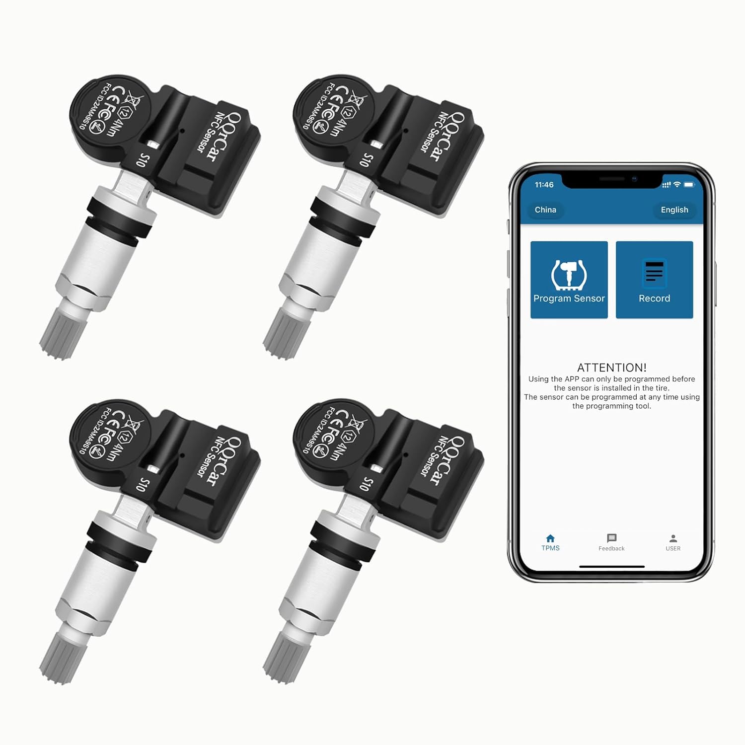 Universal TPMS Sensors Set of 4, 315/433MHz NFC Phone Programmable TPMS Sensor 100% Cloning No Need Programming Tool,OE-Level TPMS Sensors