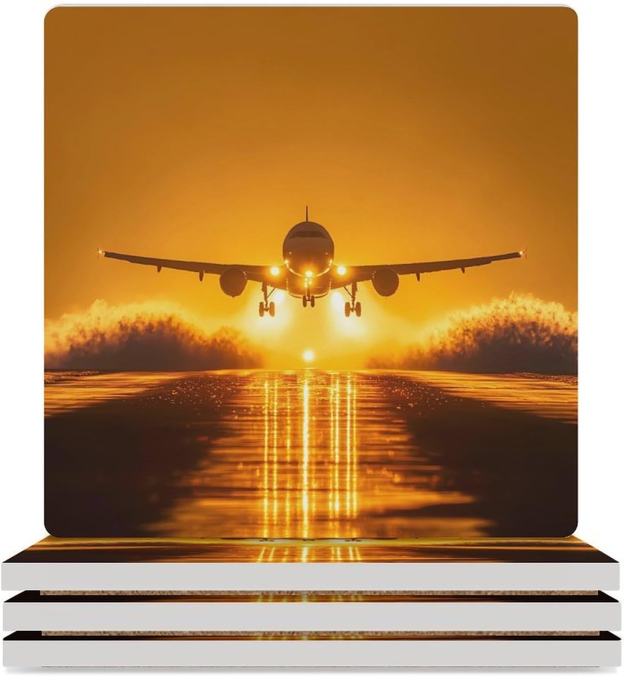 Airport Runway Night Funny Ceramic Coasters for Drink Absorbent Cup Holders Tabletop Protection
