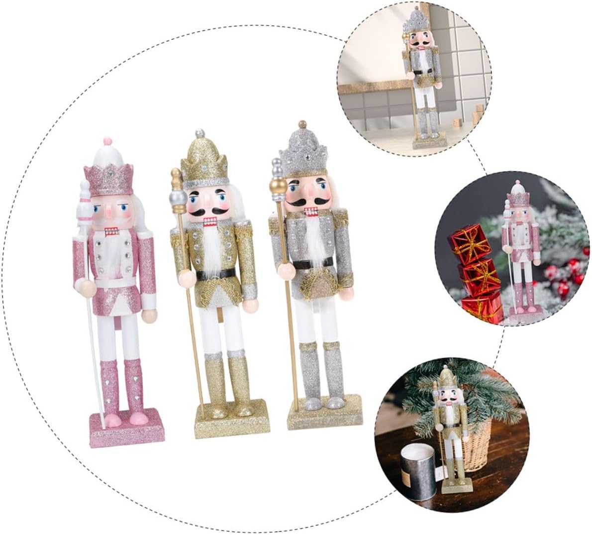 Luxshiny 3pcs Glitter Finish Wooden Nutcracker Soldier Figurines Christmas Nutcracker Ornaments Traditional Holiday Decor for Indoor Tabletop Display