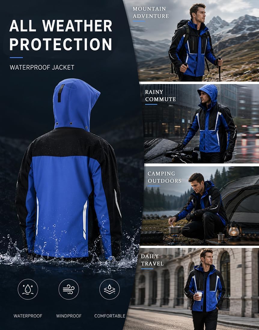 Men's Rain Jacket Waterproof Windbreaker Lightweight Packable Raincoat for Cycling Running Hiking Golf
