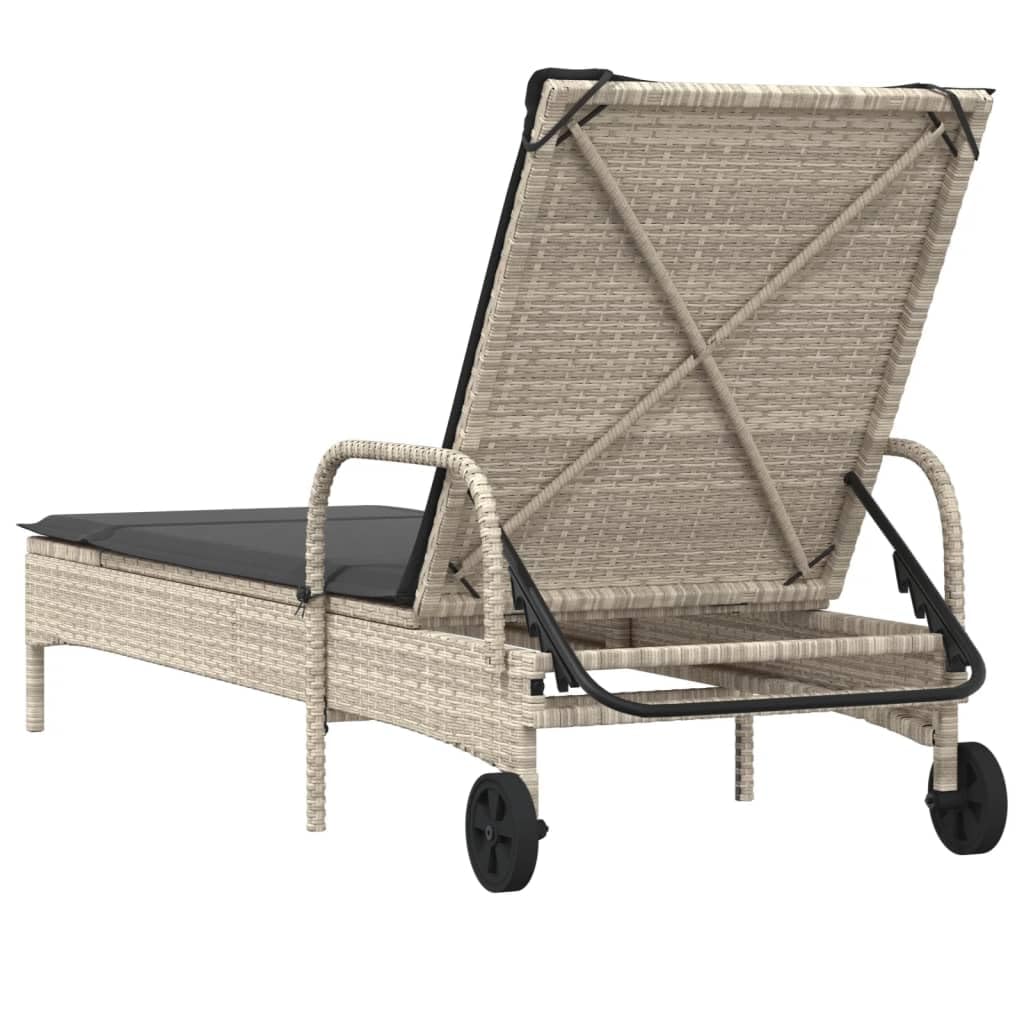 Lettino Prendisole con Ruote e Cuscino Polyrattan Grigio Chiaro Letto Relax da Giardino con Schienale Regolabile 3 Posizioni, Sdraio da Esterno con Ruote, Resistente ai Sfoderabile Lavabile 110kg