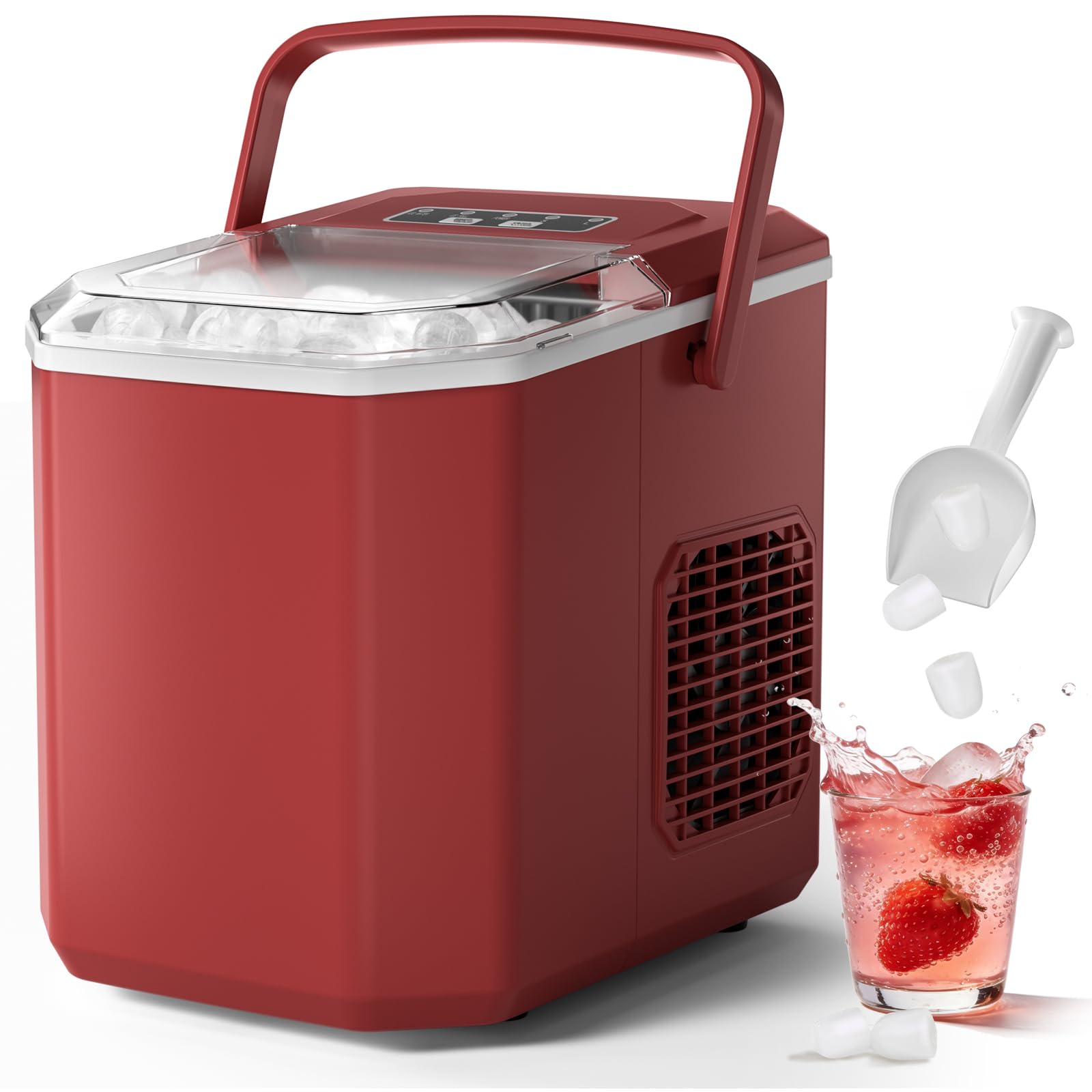 Máquinas para Hacer Hielo Rojo, Maquina de Hielo para Encimera, Equipado con Hielo Pala de Puede Colocar Boca Abajo, 9 Cubitos Hielo Tipo Balas/6-10 Minutos, 12Kg/24h, Tamaño S/L