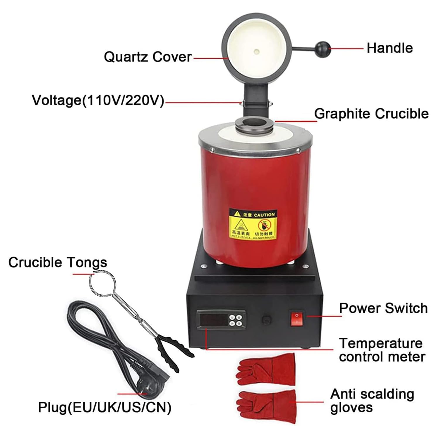 Elektryczny piec do topienia 1800 W, cyfrowy wytapiacz metali 1,150.0 °C do złota, srebra, miedzi, aluminium z tyglem grafitowym i narzędziami odlewniczymi