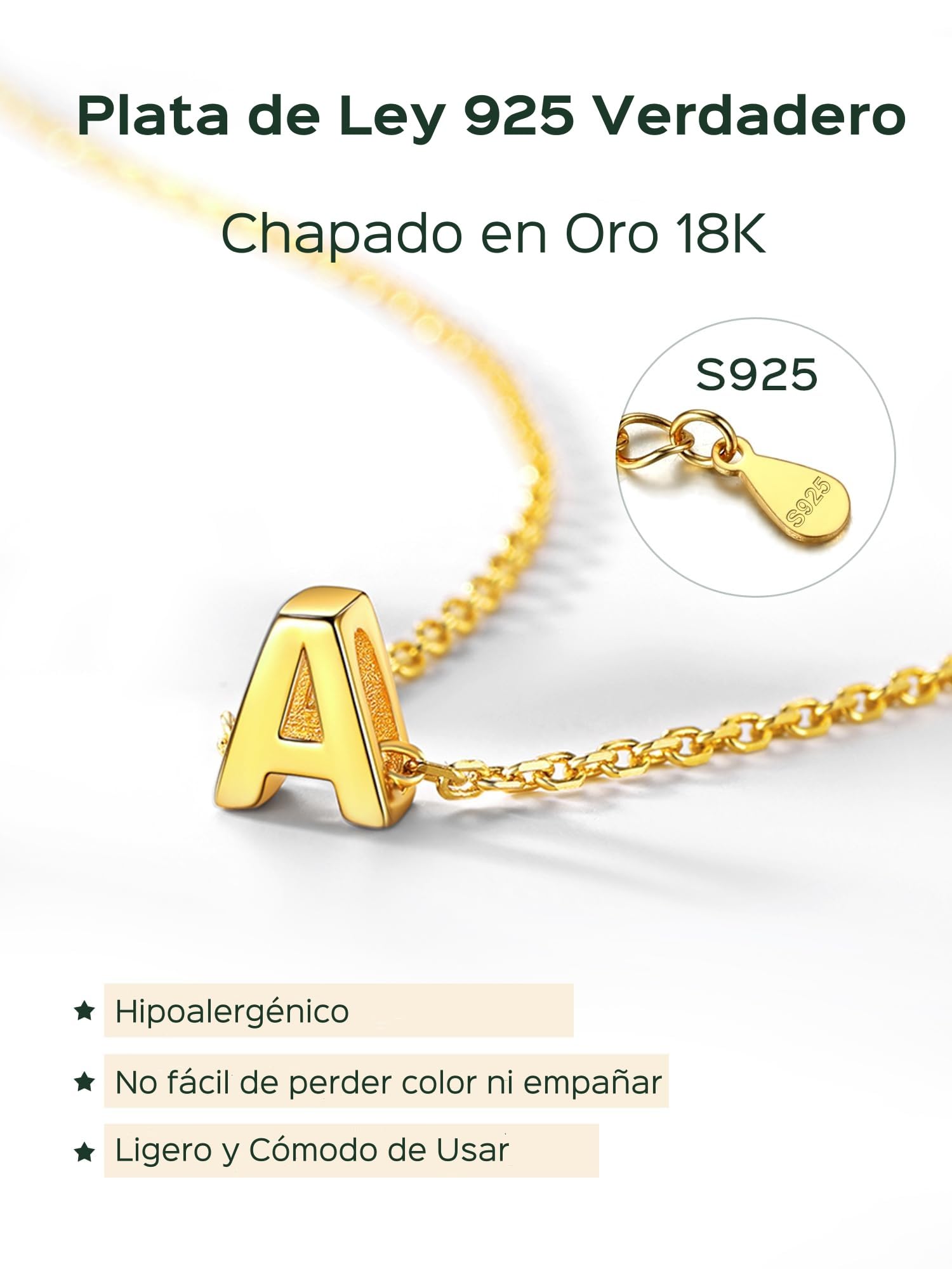 ChicSilver Collar Mujer Inicial G Plata 925 Colgante 26 Letras Doradas