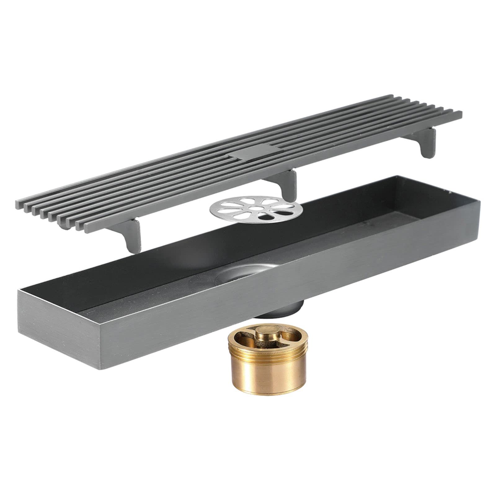 Bodenablauf aus Edelstahl, Duschablauf aus Edelstahl 304 mit Messing-Desodorierungsmittel, 300 x 68 mm, rechteckig, Mehrfarbig(Gun Gray)