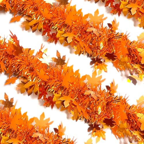 33Ft Thanksgiving Fall Tinsel Garland Shiny Hanging Coarse-Textured Light Orange
