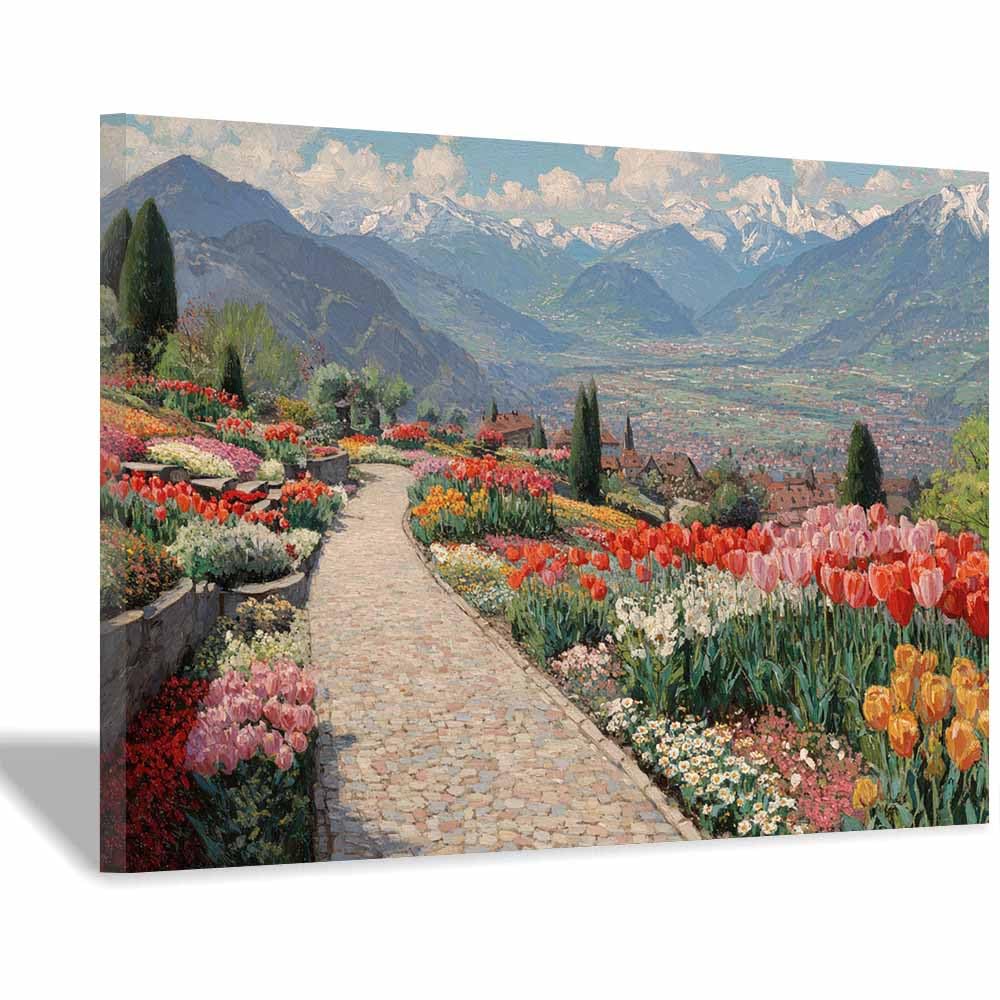 HOQIU Vintage wall art Alpine Flowers Garden Path decorative painting, wall art, for Living Room Bathroom Bedroom Kitchen Decoration.(Multicolor)-80x120cm Framed