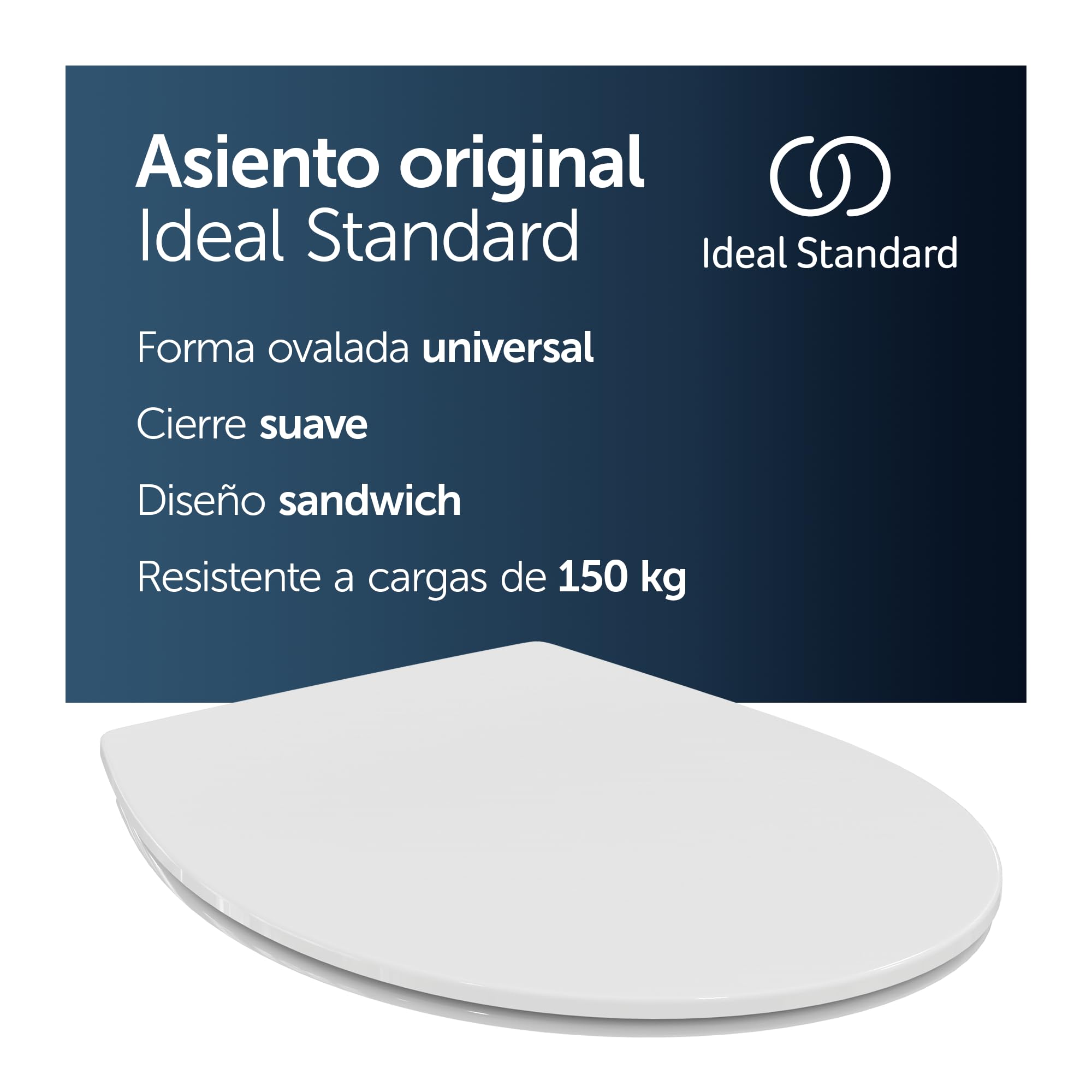 Ideal Standard Tirso Universal asiento de WC ovalado – Blanco | Asiento de inodoro universal con cierre amortiguado (Softclose) y bisagras de acero inoxidable, E252901