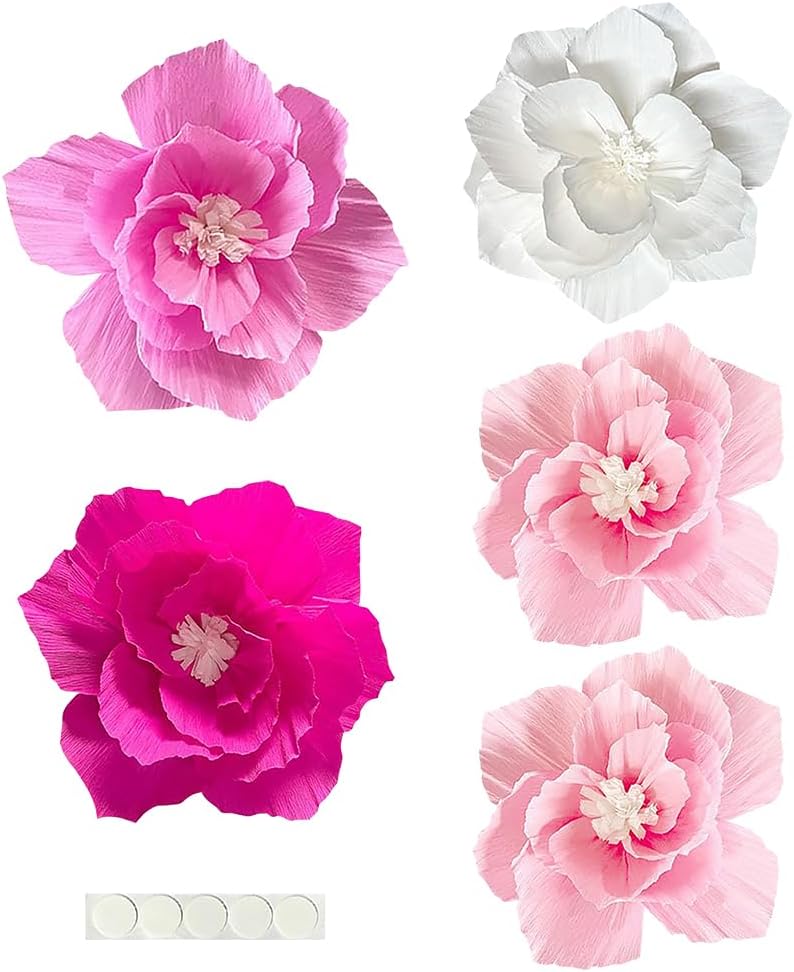 5 Pcs Pink and White Paper Flowers Large Hanging Crepe Paper Flowers Big Flower Tissue Pom Poms Artificial Flower Head Centerpiece Romantic Wedding Backdrop for Wall Decorations
