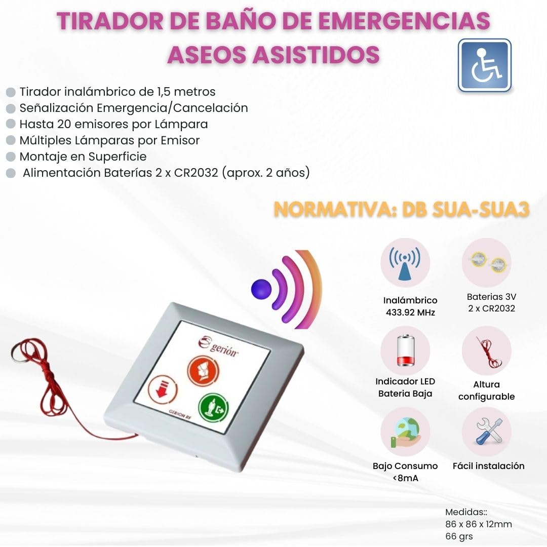 Sparatutto Wireless di Emergenza Servizi igienici Accessibili/Assistiti/Disabili, Cliniche.Residenze, Ospedali, Ristoranti, Spogliatoi, Pobatori. Gerione RF
