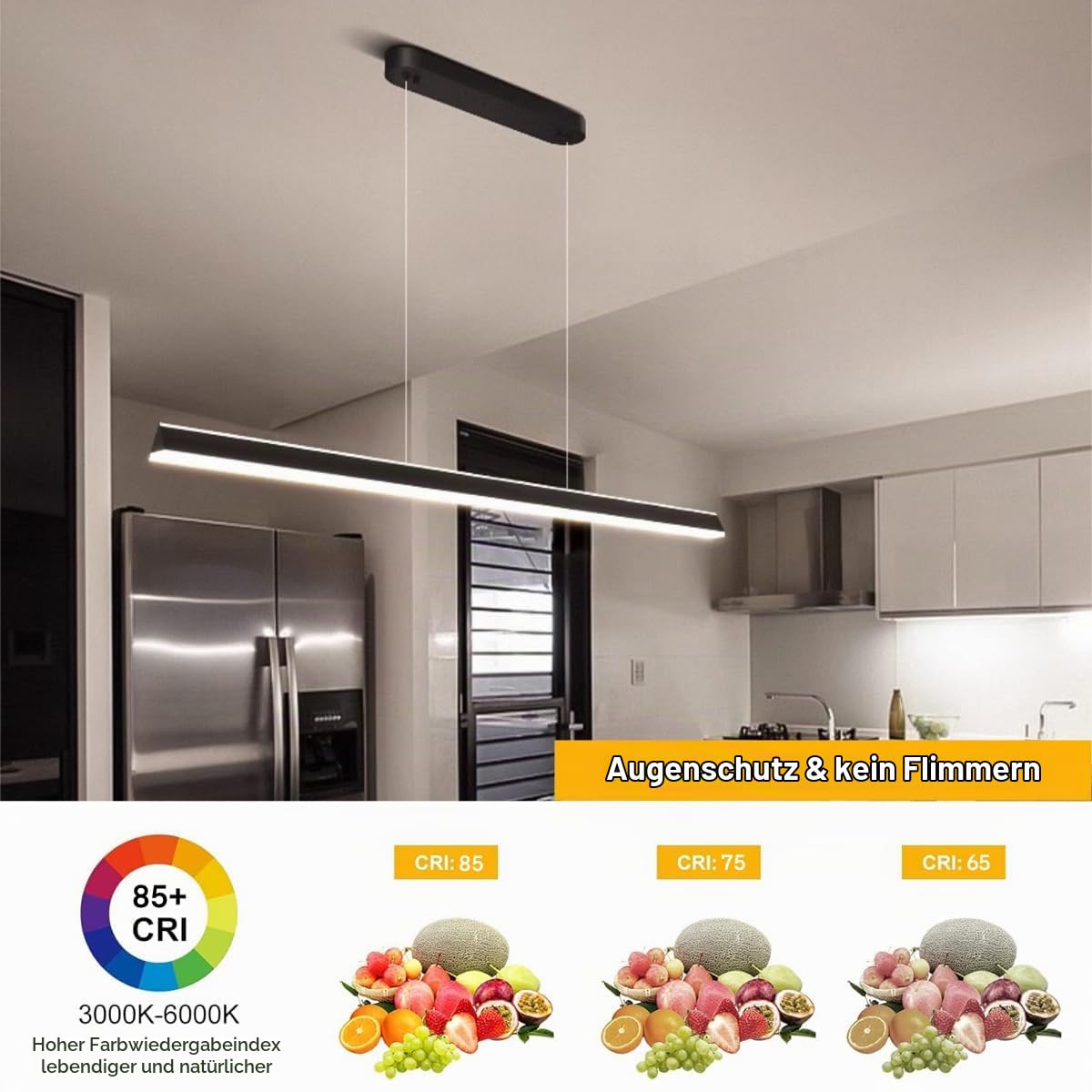 Pendelleuchte Esstisch RGB Dimmbar 120cm Schwarz Lineare Hängelampe mit Fernbedienung & App-Steuerung Höhenverstellbar Modern Design Esstisch Lampen Hängend für Großes Esszimmer Küche Wohnzimmer