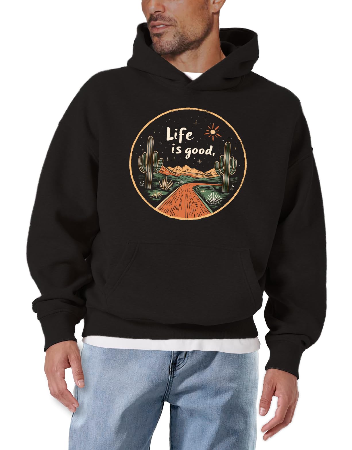 MAKAYA bluza z kapturem męska z motywem kaktusa vintage boho styl luźny hoodie