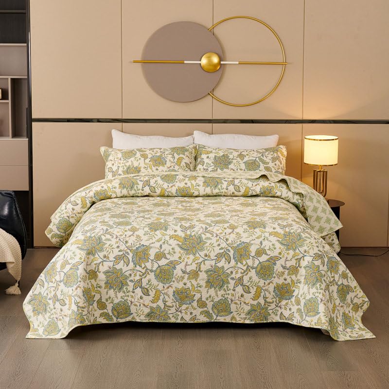 USTIDE 3-Piece Quilt Set King Size Quilted Bedspread Cotton Coverlet Set Paisley Floral Printed Oversized Quilted Bedding Set with Shams for All Season, Green Vine