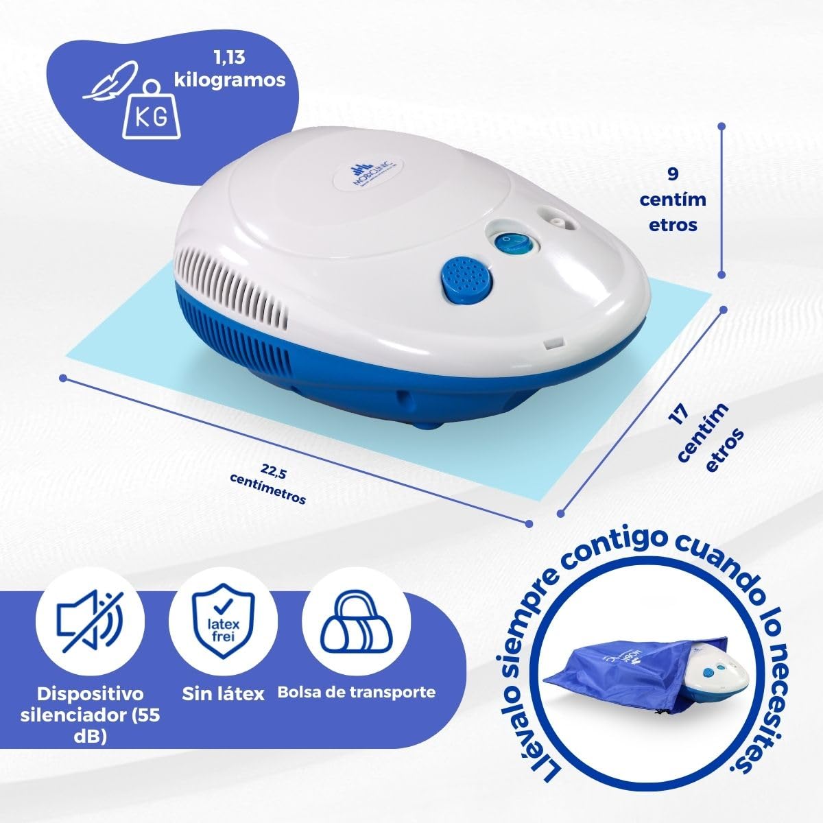 Mobiclinic®, Nebulizador con compresor, Portátil, Para niños y adultos, Bolsa de transporte. mini, Tratamiento enfermedades respiratorias, Máscaras varios tamaños, 5 filtros aire (Neb-1)