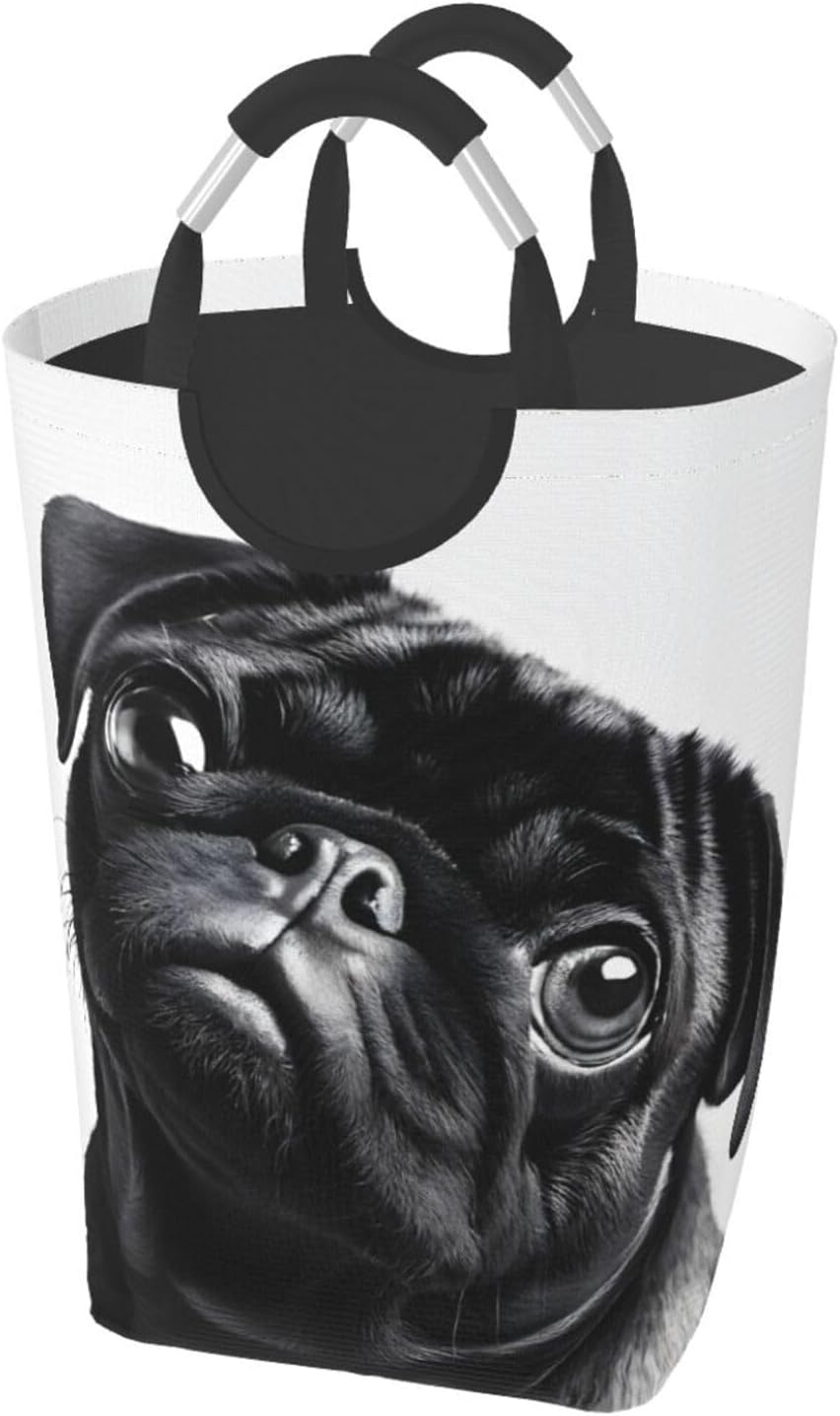 Laundry Basket Collapsible Clothes Hamper, Laundry Bag with Handles Blanket Toys Storage Basket, Dorm Room Essentials Accessories - Cute Black Pug Dog